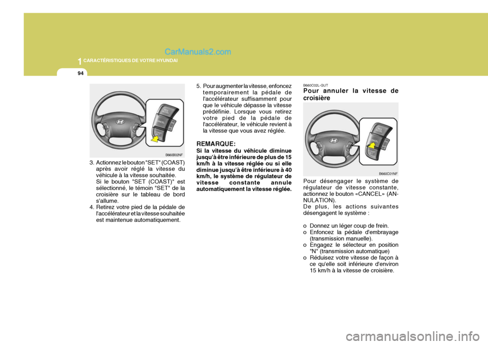Hyundai Sonata 2005 Manuel du propriétaire (in French) 1CARACTÉRISTIQUES DE VOTRE HYUNDAI
94
Pour désengager le système de régulateur de vitesse constante, actionnez le bouton «CANCEL» (AN-NULATION). De plus, les actions suivantes désengagent le sy Hyundai Sonata 2005 Manuel du propriétaire (in French) 1CARACTÉRISTIQUES DE VOTRE HYUNDAI
94
Pour désengager le système de régulateur de vitesse constante, actionnez le bouton «CANCEL» (AN-NULATION). De plus, les actions suivantes désengagent le sy