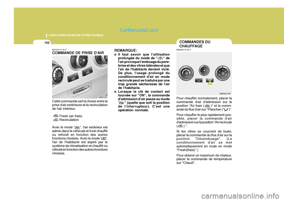 Hyundai Sonata 2005 Manuel du propriétaire (in French) 1CARACTÉRISTIQUES DE VOTRE HYUNDAI
102
Pour chauffer normalement, placer la commande dair dadmission sur laposition "Air frais ( )" et la comm- ande du flux dair sur "Plancher ( )". Hyundai Sonata 2005 Manuel du propriétaire (in French) 1CARACTÉRISTIQUES DE VOTRE HYUNDAI
102
Pour chauffer normalement, placer la commande dair dadmission sur laposition "Air frais ( )" et la comm- ande du flux dair sur "Plancher ( )".