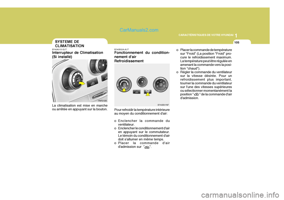 Hyundai Sonata 2005 Manuel du propriétaire (in French) 1
CARACTÉRISTIQUES DE VOTRE HYUNDAI
105
HNF2128
B740B01NFo Placer la commande de température
sur "Froid" (La position "Froid" pro- cure le refroidissement maximum. La température peut être régul Hyundai Sonata 2005 Manuel du propriétaire (in French) 1
CARACTÉRISTIQUES DE VOTRE HYUNDAI
105
HNF2128
B740B01NFo Placer la commande de température
sur "Froid" (La position "Froid" pro- cure le refroidissement maximum. La température peut être régul