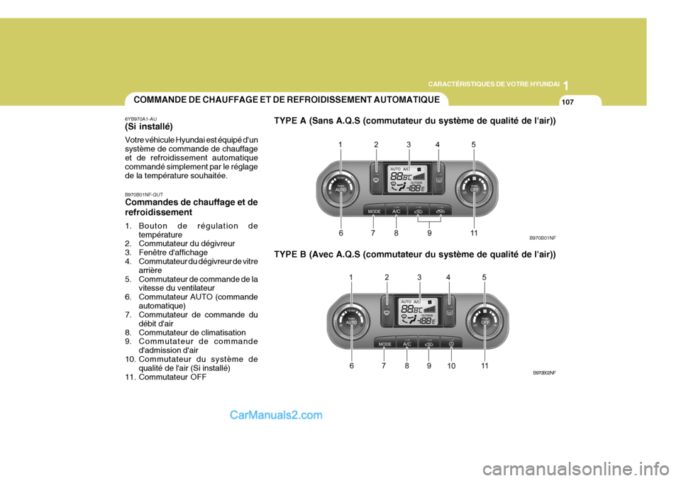 Hyundai Sonata 2005  Manuel du propriétaire (in French) 1
CARACTÉRISTIQUES DE VOTRE HYUNDAI
107
B970B01NF B970B02NFCOMMANDE DE CHAUFFAGE ET DE REFROIDISSEMENT AUTOMATIQUE
6YB970A1-AU (Si installé) Votre véhicule Hyundai est équipé dun système de com