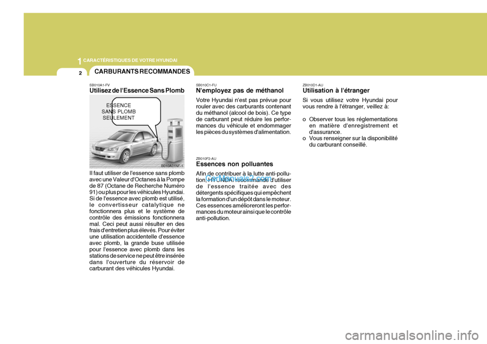 Hyundai Sonata 2005 Manuel du propriétaire (in French) 1CARACTÉRISTIQUES DE VOTRE HYUNDAI
2
SB010A1-FV Utilisez de lEssence Sans Plomb Il faut utiliser de lessence sans plomb avec une Valeur dOctanes à la Pompede 87 (Octane de Recherche Numéro 91) o Hyundai Sonata 2005 Manuel du propriétaire (in French) 1CARACTÉRISTIQUES DE VOTRE HYUNDAI
2
SB010A1-FV Utilisez de lEssence Sans Plomb Il faut utiliser de lessence sans plomb avec une Valeur dOctanes à la Pompede 87 (Octane de Recherche Numéro 91) o