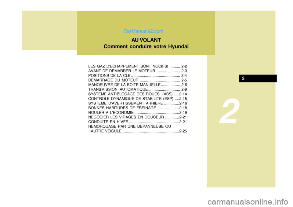 Hyundai Sonata 2005  Manuel du propriétaire (in French) 2
LES GAZ DECHAPPEMENT SONT NOCIFS! .......... 2-2 
AVANT DE DEMARRER LE MOTEUR ....................... 2-3
POSITIONS DE LA CLE .............................................. 2-4 
DEMARRAGE DU MOTEUR