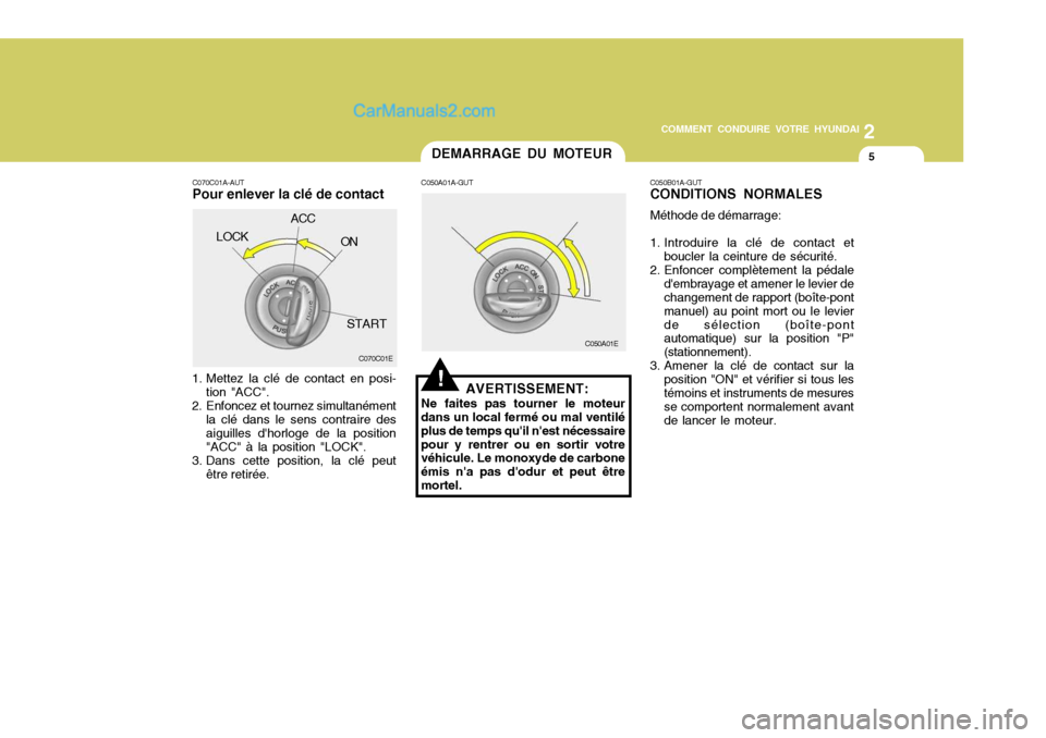 Hyundai Sonata 2005 Manuel du propriétaire (in French) 2
COMMENT CONDUIRE VOTRE HYUNDAI
5
!
C050A01A-GUT
AVERTISSEMENT:
Ne faites pas tourner le moteur
dans un local fermé ou mal ventilé plus de temps quil nest nécessairepour y rentrer ou en sortir v Hyundai Sonata 2005 Manuel du propriétaire (in French) 2
COMMENT CONDUIRE VOTRE HYUNDAI
5
!
C050A01A-GUT
AVERTISSEMENT:
Ne faites pas tourner le moteur
dans un local fermé ou mal ventilé plus de temps quil nest nécessairepour y rentrer ou en sortir v