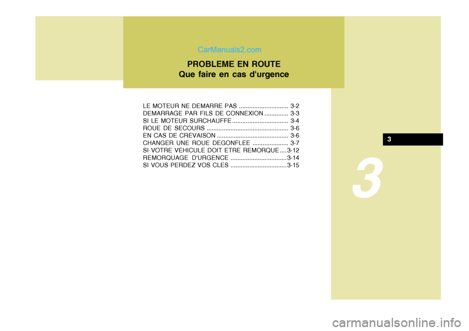Hyundai Sonata 2005  Manuel du propriétaire (in French) 3
LE MOTEUR NE DEMARRE PAS ............................. 3-2 
DEMARRAGE PAR FILS DE CONNEXION .............. 3-3
SI LE MOTEUR SURCHAUFFE ................................. 3-4 
ROUE DE SECOURS ........
