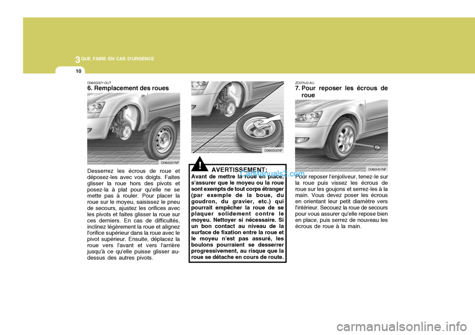 Hyundai Sonata 2005 Manuel du propriétaire (in French) 3QUE FAIRE EN CAS DURGENCE
10
!
ZD070J2-AU
7. Pour reposer les écrous de
roue
Pour reposer lenjoliveur, tenez-le sur
la roue puis vissez les écrous de roue sur les goujons et serrez-les à la main Hyundai Sonata 2005 Manuel du propriétaire (in French) 3QUE FAIRE EN CAS DURGENCE
10
!
ZD070J2-AU
7. Pour reposer les écrous de
roue
Pour reposer lenjoliveur, tenez-le sur
la roue puis vissez les écrous de roue sur les goujons et serrez-les à la main