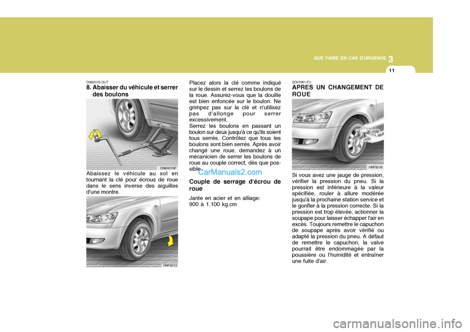 Hyundai Sonata 2005 Manuel du propriétaire (in French) 3
QUE FAIRE EN CAS DURGENCE
11
D060I01E-GUT
8. Abaisser du véhicule et serrer
des boulons SD070K1-FU APRES UN CHANGEMENT DE ROUE
Abaissez le véhicule au sol en
tournant la clé pour écrous de roue Hyundai Sonata 2005 Manuel du propriétaire (in French) 3
QUE FAIRE EN CAS DURGENCE
11
D060I01E-GUT
8. Abaisser du véhicule et serrer
des boulons SD070K1-FU APRES UN CHANGEMENT DE ROUE
Abaissez le véhicule au sol en
tournant la clé pour écrous de roue