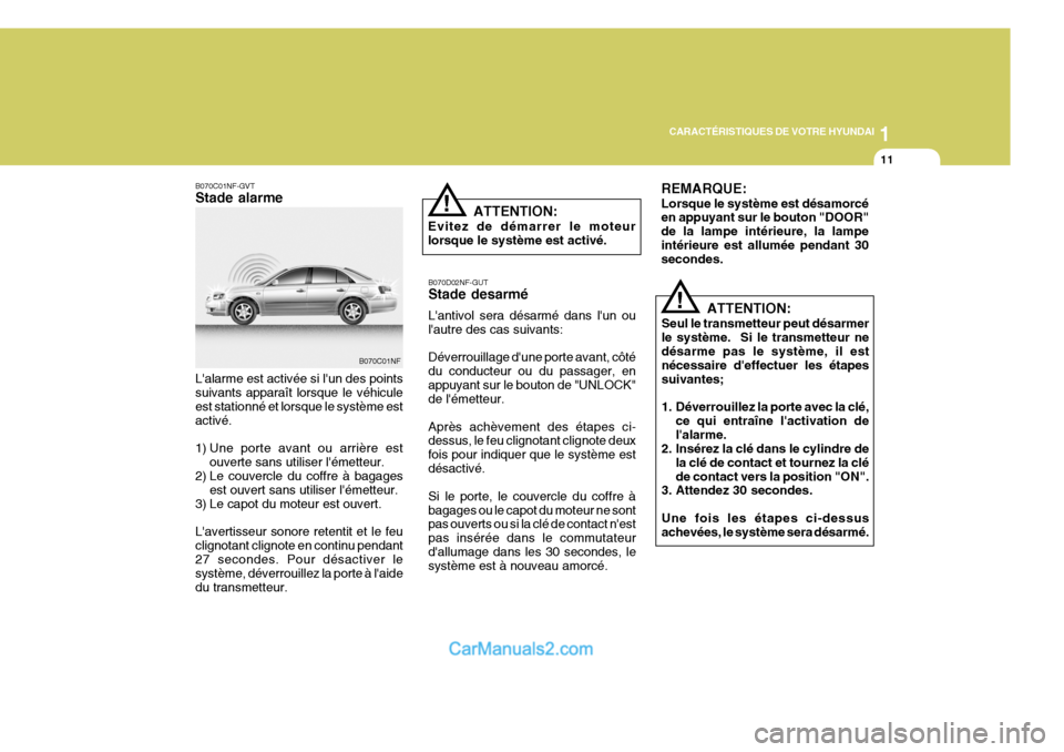 Hyundai Sonata 2005 Manuel du propriétaire (in French) 1
CARACTÉRISTIQUES DE VOTRE HYUNDAI
11
B070C01NF-GVT Stade alarme Lalarme est activée si lun des points suivants apparaît lorsque le véhicule est stationné et lorsque le système estactivé.
1 Hyundai Sonata 2005 Manuel du propriétaire (in French) 1
CARACTÉRISTIQUES DE VOTRE HYUNDAI
11
B070C01NF-GVT Stade alarme Lalarme est activée si lun des points suivants apparaît lorsque le véhicule est stationné et lorsque le système estactivé.
1