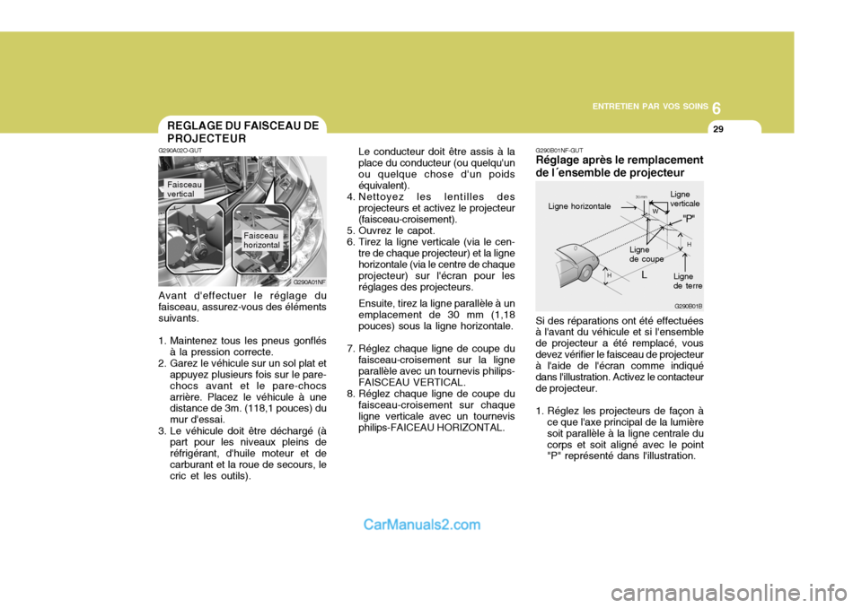 Hyundai Sonata 2005 Manuel du propriétaire (in French) 6
ENTRETIEN PAR VOS SOINS
29
G290A02O-GUT REGLAGE DU FAISCEAU DE PROJECTEUR
G290A01NF
Faisceau vertical
Faisceau horizontal
Avant deffectuer le réglage du faisceau, assurez-vous des élémentssuivan Hyundai Sonata 2005 Manuel du propriétaire (in French) 6
ENTRETIEN PAR VOS SOINS
29
G290A02O-GUT REGLAGE DU FAISCEAU DE PROJECTEUR
G290A01NF
Faisceau vertical
Faisceau horizontal
Avant deffectuer le réglage du faisceau, assurez-vous des élémentssuivan