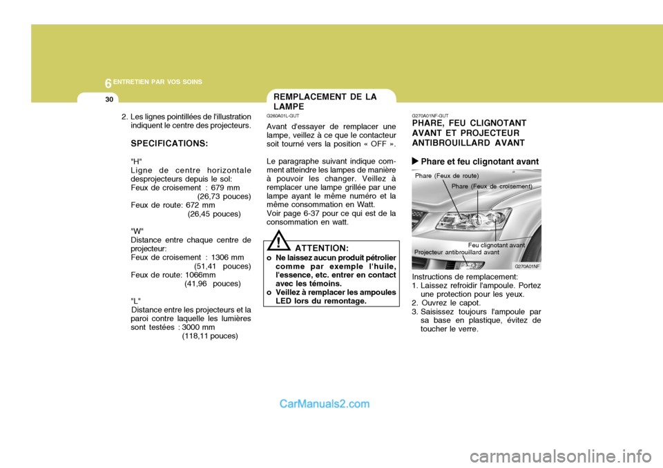 Hyundai Sonata 2005 Manuel du propriétaire (in French) 6ENTRETIEN PAR VOS SOINS
30REMPLACEMENT DE LA LAMPE
G260A01L-GUT Avant dessayer de remplacer une lampe, veillez à ce que le contacteur soit tourné vers la position « OFF ». Le paragraphe suivant Hyundai Sonata 2005 Manuel du propriétaire (in French) 6ENTRETIEN PAR VOS SOINS
30REMPLACEMENT DE LA LAMPE
G260A01L-GUT Avant dessayer de remplacer une lampe, veillez à ce que le contacteur soit tourné vers la position « OFF ». Le paragraphe suivant
