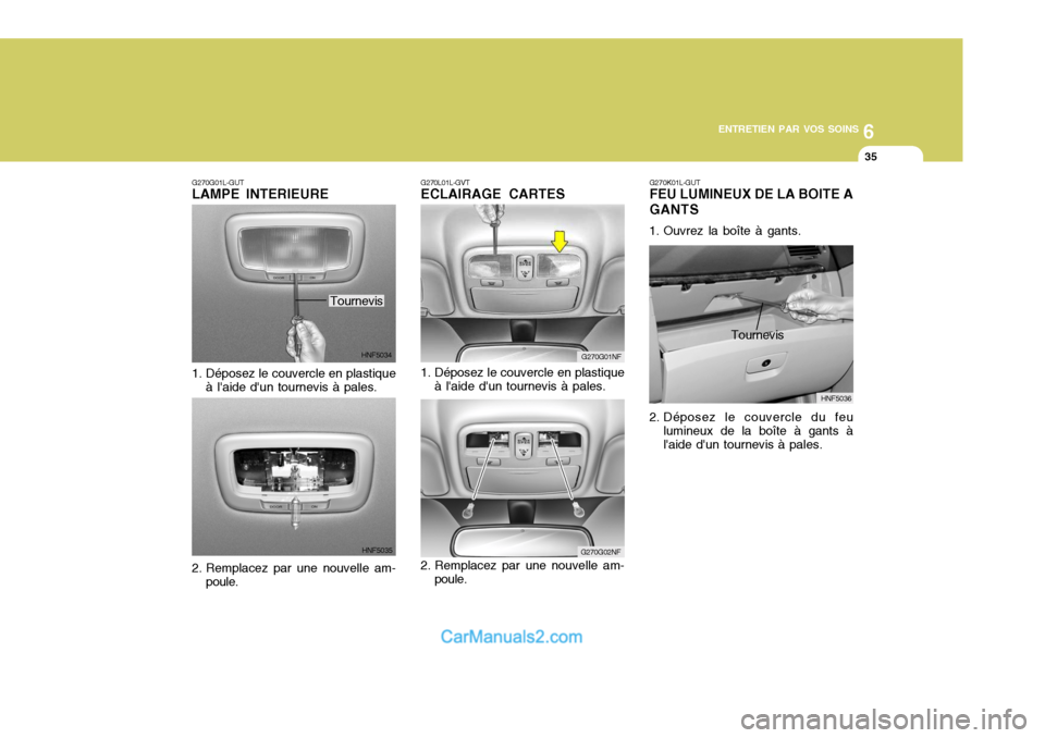 Hyundai Sonata 2005  Manuel du propriétaire (in French) 6
ENTRETIEN PAR VOS SOINS
35
G270G01NF
G270G02NF
G270L01L-GVT ECLAIRAGE CARTES
1. Déposez le couvercle en plastique à laide dun tournevis à pales.
2. Remplacez par une nouvelle am- poule.
G270K01