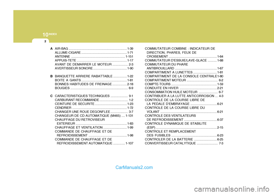 Hyundai Sonata 2005 Manuel du propriétaire (in French) 10INDEX
2
AAIR-BAG ................................................................ 1-39
ALLUME-CIGARE .................................................. 1-71
ANTENNE ................................. Hyundai Sonata 2005 Manuel du propriétaire (in French) 10INDEX
2
AAIR-BAG ................................................................ 1-39
ALLUME-CIGARE .................................................. 1-71
ANTENNE .................................