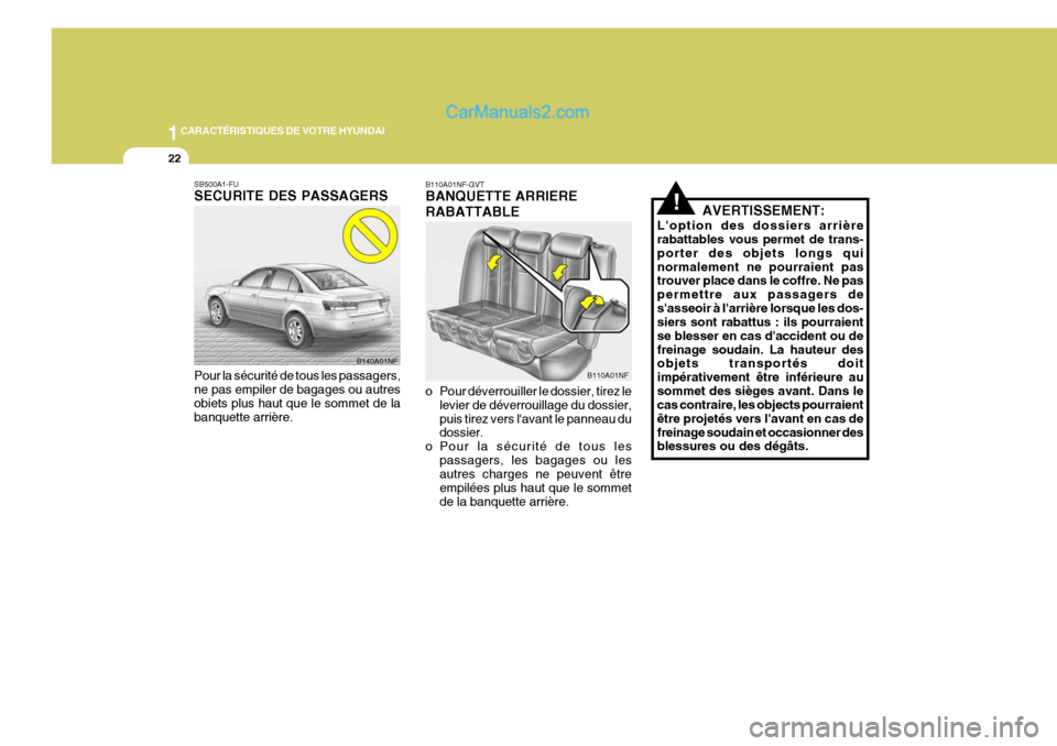 Hyundai Sonata 2005 Manuel du propriétaire (in French) 1CARACTÉRISTIQUES DE VOTRE HYUNDAI
22
B140A01NF
SB500A1-FU SECURITE DES PASSAGERS
!AVERTISSEMENT:
Loption des dossiers arrière rabattables vous permet de trans- porter des objets longs quinormaleme Hyundai Sonata 2005 Manuel du propriétaire (in French) 1CARACTÉRISTIQUES DE VOTRE HYUNDAI
22
B140A01NF
SB500A1-FU SECURITE DES PASSAGERS
!AVERTISSEMENT:
Loption des dossiers arrière rabattables vous permet de trans- porter des objets longs quinormaleme