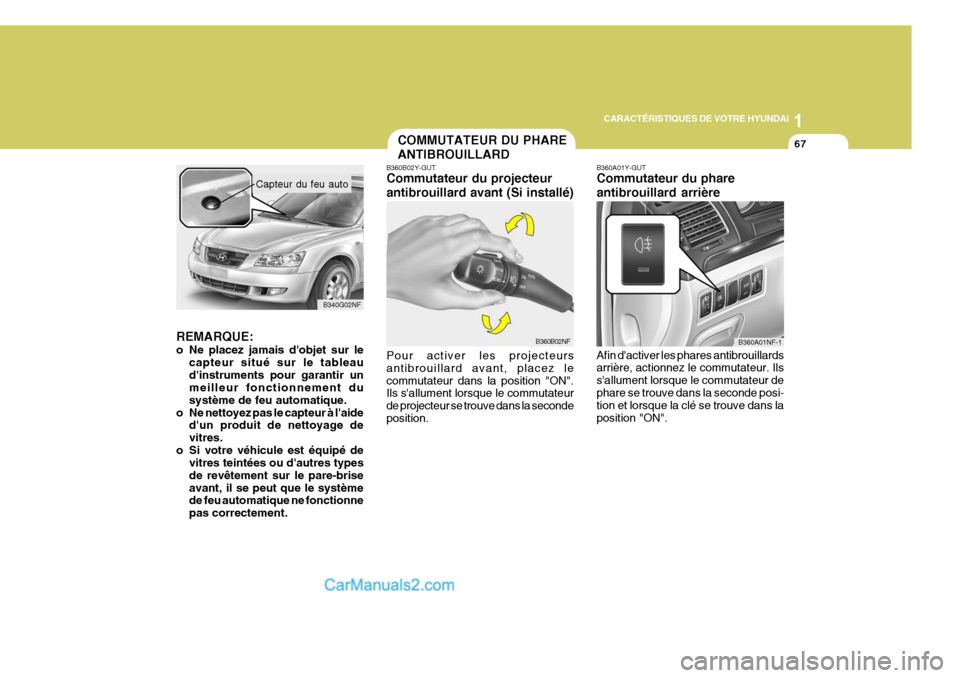 Hyundai Sonata 2005 Manuel du propriétaire (in French) 1
CARACTÉRISTIQUES DE VOTRE HYUNDAI
67COMMUTATEUR DU PHARE ANTIBROUILLARD
B360B02Y-GUT Commutateur du projecteur antibrouillard avant (Si installé) Pour activer les projecteurs antibrouillard avant, Hyundai Sonata 2005 Manuel du propriétaire (in French) 1
CARACTÉRISTIQUES DE VOTRE HYUNDAI
67COMMUTATEUR DU PHARE ANTIBROUILLARD
B360B02Y-GUT Commutateur du projecteur antibrouillard avant (Si installé) Pour activer les projecteurs antibrouillard avant,