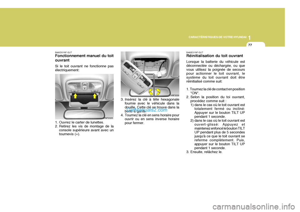 Hyundai Sonata 2005 Manuel du propriétaire (in French) 1
CARACTÉRISTIQUES DE VOTRE HYUNDAI
77
B460E01NF-GUT Réinitialisation du toit ouvrant Lorsque la batterie du véhicule est déconnectée ou déchargée, ou quevous utilisez la poignée de secours po Hyundai Sonata 2005 Manuel du propriétaire (in French) 1
CARACTÉRISTIQUES DE VOTRE HYUNDAI
77
B460E01NF-GUT Réinitialisation du toit ouvrant Lorsque la batterie du véhicule est déconnectée ou déchargée, ou quevous utilisez la poignée de secours po