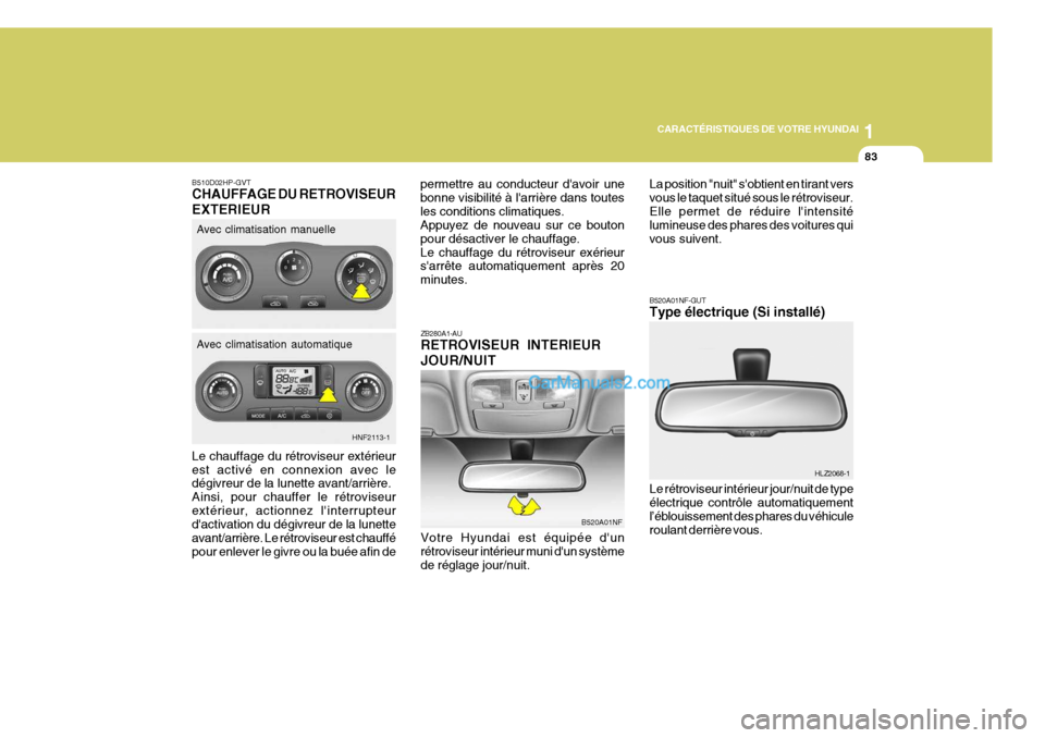 Hyundai Sonata 2005 Manuel du propriétaire (in French) 1
CARACTÉRISTIQUES DE VOTRE HYUNDAI
83
Le chauffage du rétroviseur extérieur est activé en connexion avec le dégivreur de la lunette avant/arrière. Ainsi, pour chauffer le rétroviseurextérieur Hyundai Sonata 2005 Manuel du propriétaire (in French) 1
CARACTÉRISTIQUES DE VOTRE HYUNDAI
83
Le chauffage du rétroviseur extérieur est activé en connexion avec le dégivreur de la lunette avant/arrière. Ainsi, pour chauffer le rétroviseurextérieur