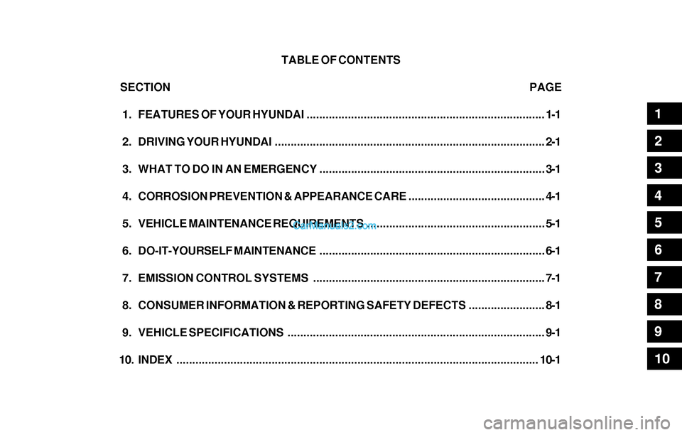 Hyundai Sonata 2004  Owners Manual TABLE OF CONTENTS
SECTION                                                                                                          PAGE
 1. FEATURES OF YOUR HYUNDAI....................................