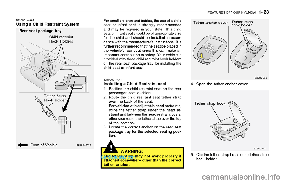 Hyundai Sonata 2004  Owners Manual FEATURES OF YOUR HYUNDAI   1- 23
!
B230B01Y-AATUsing a Child Restraint SystemFor small children and babies, the use of a child
seat or infant seat is strongly recommended
and may be required in your s
