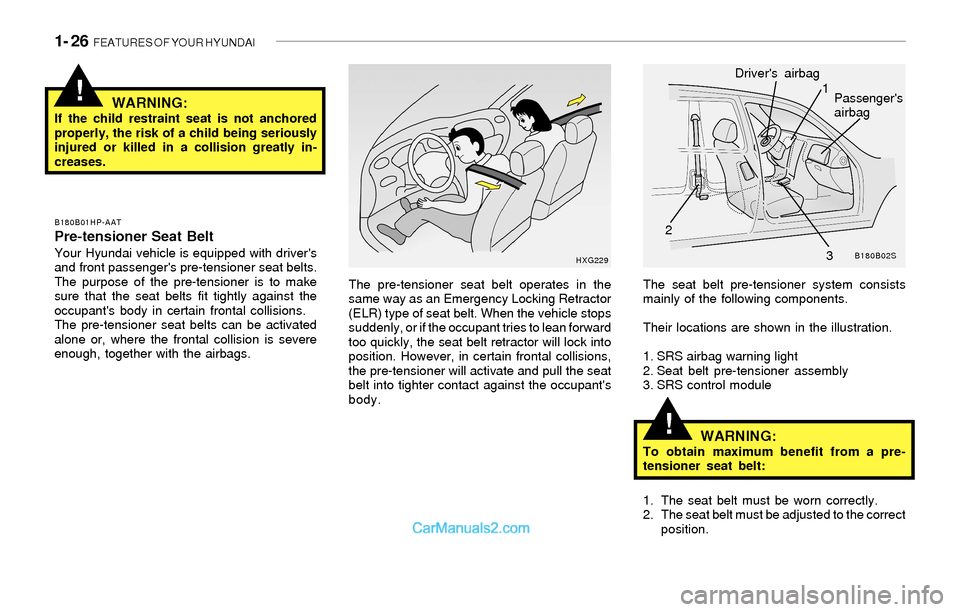 Hyundai Sonata 2004  Owners Manual 1- 26  FEATURES OF YOUR HYUNDAI
!
!WARNING:If the child restraint seat is not anchored
properly, the risk of a child being seriously
injured or killed in a collision greatly in-
creases.
The pre-tensi