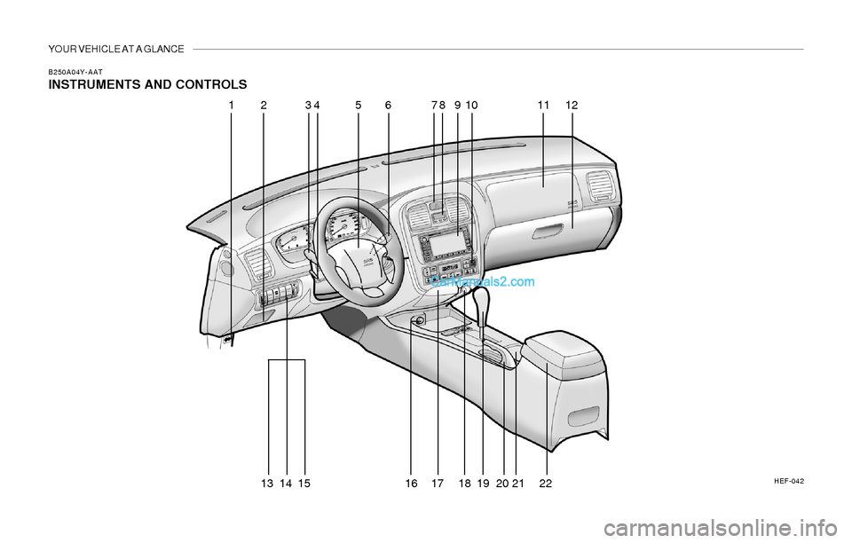 Hyundai Sonata 2004  Owners Manual YOUR VEHICLE AT A GLANCE
B250A04Y-AAT
INSTRUMENTS AND CONTROLS
HEF-042
1
2 3 4 5 6 7 8 9 10 11 12
13 14 15 16 17 18 19
2021 22    