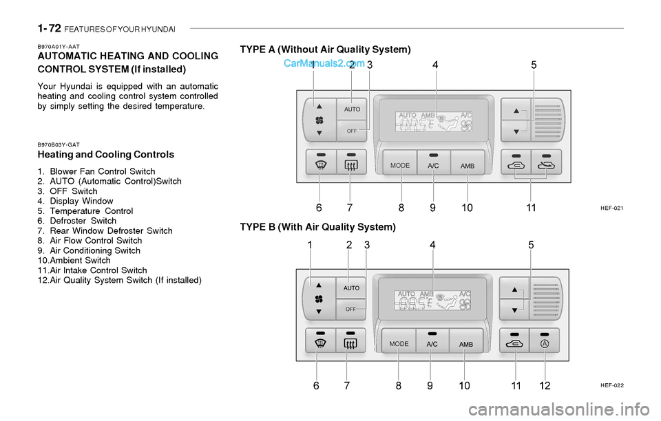 Hyundai Sonata 2004  Owners Manual 1- 72  FEATURES OF YOUR HYUNDAI
B970A01Y-AATAUTOMATIC HEATING AND COOLING
CONTROL SYSTEM (If installed)
Your Hyundai is equipped with an automatic
heating and cooling control system controlled
by simp