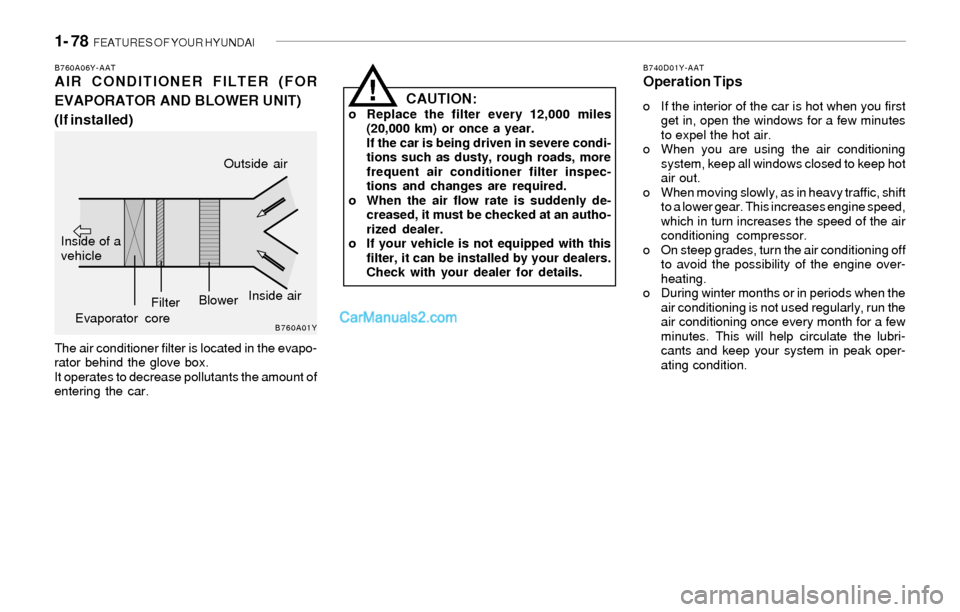 Hyundai Sonata 2004  Owners Manual 1- 78  FEATURES OF YOUR HYUNDAI
B760A06Y-AATAIR CONDITIONER FILTER (FOR
EVAPORATOR AND BLOWER UNIT)
(If installed)
The air conditioner filter is located in the evapo-
rator behind the glove box.
It op