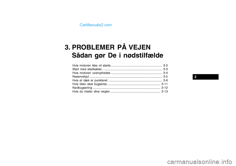 Hyundai Sonata 2004  Instruktionsbog (in Danish) 3. PROBLEMER PÅ VEJENSådan gør De i nødstilfælde
Hvis motoren ikke vil starte ............................................................ 3-2 
Start med startkabler .............................