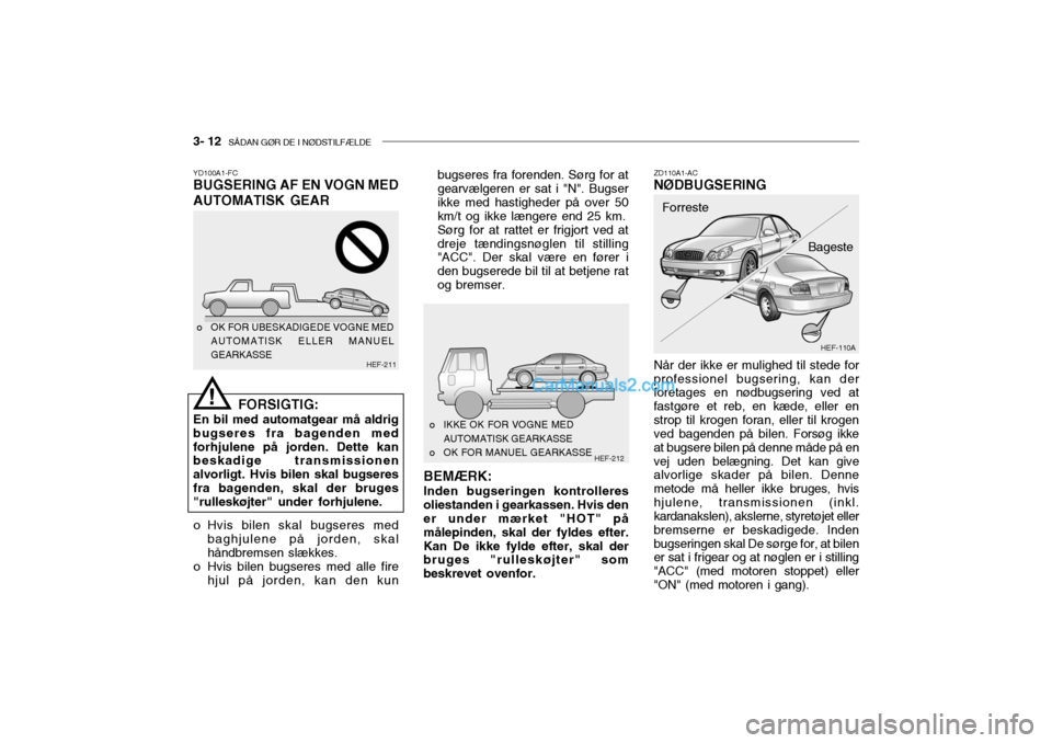 Hyundai Sonata 2004  Instruktionsbog (in Danish) 3- 12  SÅDAN GØR DE I NØDSTILFÆLDE
Når der ikke er mulighed til stede for professionel bugsering, kan der foretages en nødbugsering ved at fastgøre et reb, en kæde, eller enstrop til krogen fo
