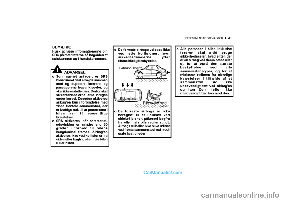 Hyundai Sonata 2004 Instruktionsbog (in Danish) DERES HYUNDAIS EGENSKABER 1- 31
BEMÆRK: Husk at læse informationerne om SRS på mærkaterne på bagsiden af solskærmen og i handskerummet.
ADVARSEL:
o Som navnet antyder, er SRS konstrueret til a Hyundai Sonata 2004 Instruktionsbog (in Danish) DERES HYUNDAIS EGENSKABER 1- 31
BEMÆRK: Husk at læse informationerne om SRS på mærkaterne på bagsiden af solskærmen og i handskerummet.
ADVARSEL:
o Som navnet antyder, er SRS konstrueret til a