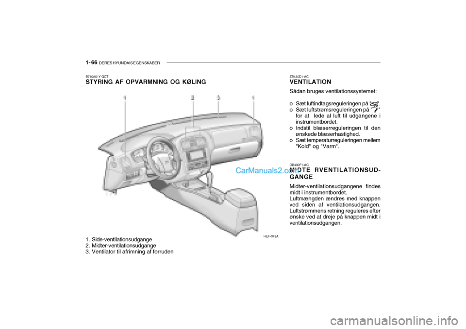 Hyundai Sonata 2004  Instruktionsbog (in Danish) 1- 66  DERES HYUNDAIS EGENSKABER
B710A01Y-GCT STYRING AF OPVARMNING OG KØLING ZB430D1-ACVENTILATION Sådan bruges ventilationssystemet:
o Sæt luftindtagsreguleringen på "     ". 
o Sæt luftstrøms