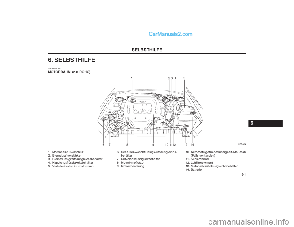 Hyundai Sonata 2004  Betriebsanleitung (in German)   6-1
SELBSTHILFE
6. SELBSTHILFE G010A03Y-AST MOTORRAUM (2.0 DOHC)
6
6. Scheibenwaschflüssigkeitsausgleichs- behälter
7. Servolenkflüssigkeitbehälter 
8. Motorölmeßstab 
9. Motorabdechung
1. Mot