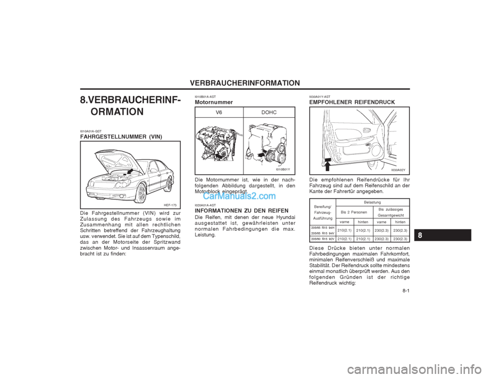 Hyundai Sonata 2004 Betriebsanleitung (in German) 8-1
VERBRAUCHERINFORMATION
I010B01A-AST Motornummer Die Motornummer ist, wie in der nach- folgenden Abbildung dargestellt, in den Motorblock eingeprägt. I020A01A-AST INFORMATIONEN ZU DEN REIFEN Die Hyundai Sonata 2004 Betriebsanleitung (in German) 8-1
VERBRAUCHERINFORMATION
I010B01A-AST Motornummer Die Motornummer ist, wie in der nach- folgenden Abbildung dargestellt, in den Motorblock eingeprägt. I020A01A-AST INFORMATIONEN ZU DEN REIFEN Die