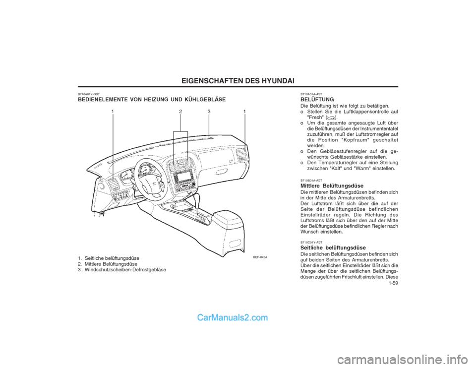 Hyundai Sonata 2004 Betriebsanleitung (in German) 1-59
EIGENSCHAFTEN DES HYUNDAI
HEF-042A
1
23 1
B710A01Y-GST BEDIENELEMENTE VON HEIZUNG UND KÜHLGEBLÄSE
B710C01Y-AST
Seitliche belüftungsdüse Die seitlichen Belüftungsdüsen befinden sich auf be Hyundai Sonata 2004 Betriebsanleitung (in German) 1-59
EIGENSCHAFTEN DES HYUNDAI
HEF-042A
1
23 1
B710A01Y-GST BEDIENELEMENTE VON HEIZUNG UND KÜHLGEBLÄSE
B710C01Y-AST
Seitliche belüftungsdüse Die seitlichen Belüftungsdüsen befinden sich auf be