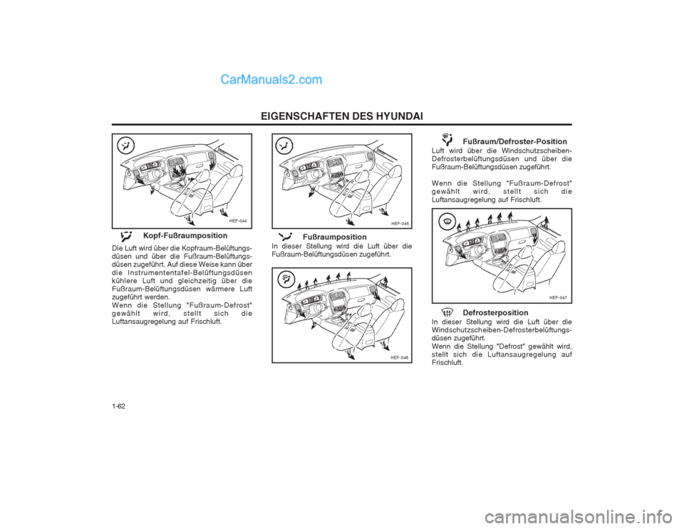 Hyundai Sonata 2004  Betriebsanleitung (in German) EIGENSCHAFTEN DES HYUNDAI
1-62
HEF-045
HEF-046
HEF-047
Kopf-Fußraumposition
Die Luft wird über die Kopfraum-Belüftungs- düsen und über die Fußraum-Belüftungs-düsen zugeführt. Auf diese Weise 