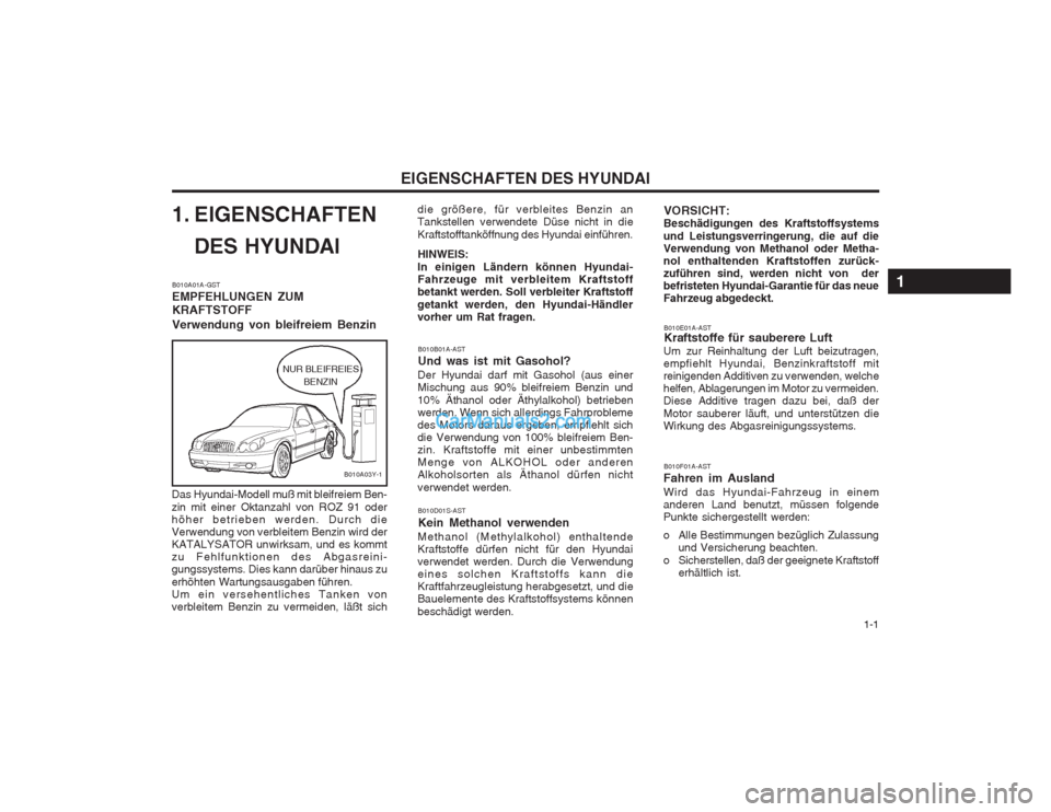 Hyundai Sonata 2004 Betriebsanleitung (in German) 1-1
EIGENSCHAFTEN DES HYUNDAI
VORSICHT:
Beschädigungen des Kraftstoffsystems und Leistungsverringerung, die auf die Verwendung von Methanol oder Metha-nol enthaltenden Kraftstoffen zurück-zuführe Hyundai Sonata 2004 Betriebsanleitung (in German) 1-1
EIGENSCHAFTEN DES HYUNDAI
VORSICHT:
Beschädigungen des Kraftstoffsystems und Leistungsverringerung, die auf die Verwendung von Methanol oder Metha-nol enthaltenden Kraftstoffen zurück-zuführe