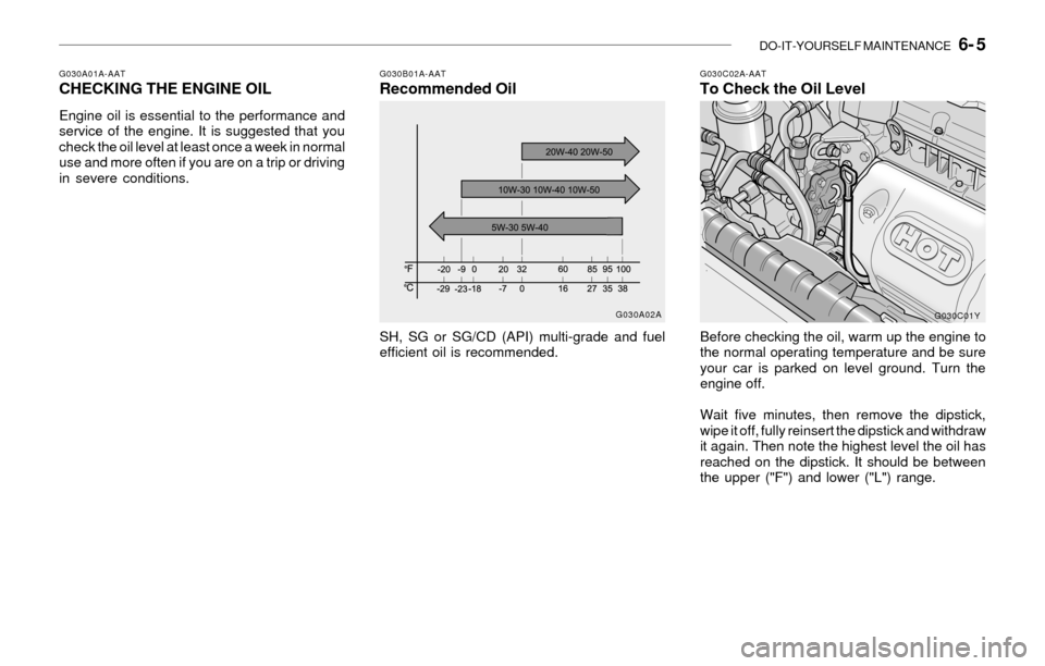 Hyundai Sonata 2003  Owners Manual DO-IT-YOURSELF MAINTENANCE   6- 5
G030A01A-AATCHECKING THE ENGINE OIL
Engine oil is essential to the performance and
service of the engine. It is suggested that you
check the oil level at least once a