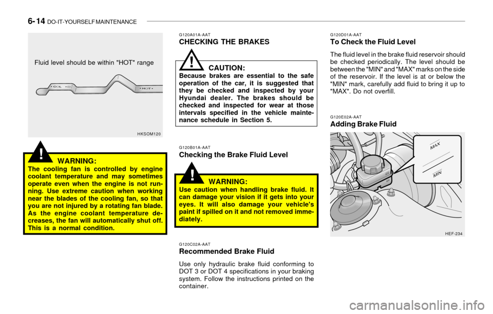 Hyundai Sonata 2003  Owners Manual 6- 14  DO-IT-YOURSELF MAINTENANCE
!
!
G120E02A-AATAdding Brake Fluid
G120D01A-AATTo Check the Fluid Level
The fluid level in the brake fluid reservoir should
be checked periodically. The level should 