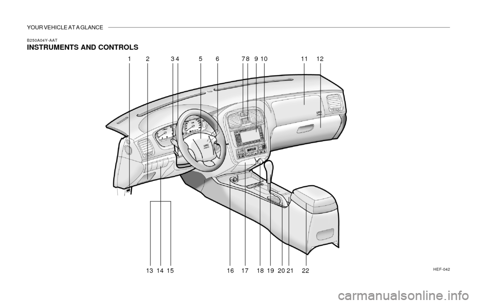 Hyundai Sonata 2003  Owners Manual YOUR VEHICLE AT A GLANCE
B250A04Y-AAT
INSTRUMENTS AND CONTROLS
HEF-042
1
2 3 4 5 6 7 8 9 10 11 12
13 14 15 16 17 18 19
2021 22 
