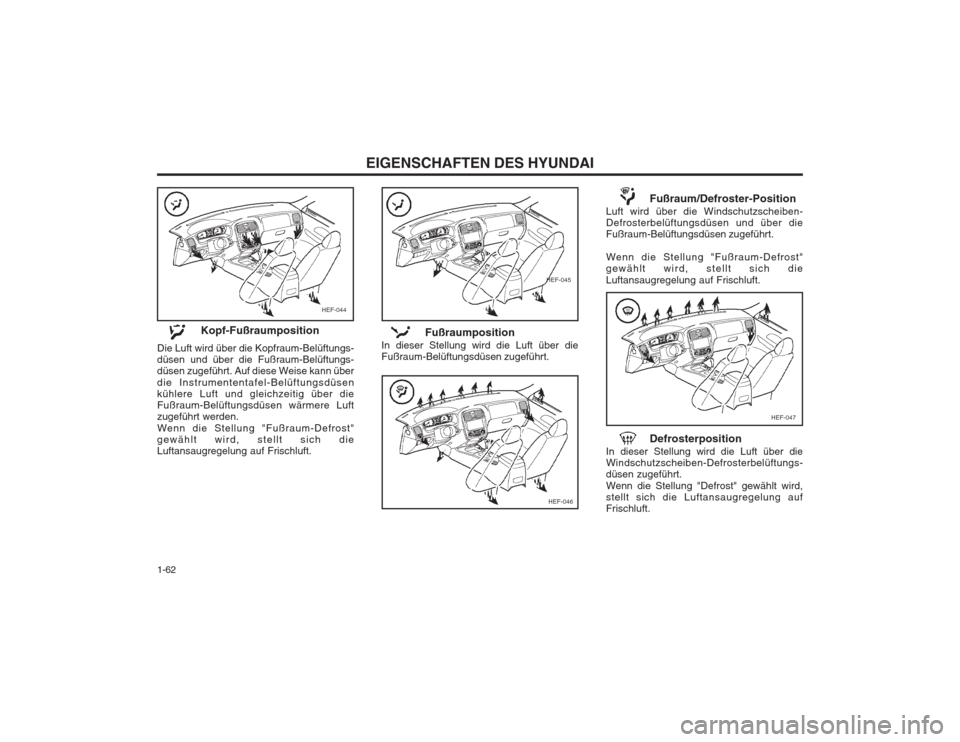 Hyundai Sonata 2003  Betriebsanleitung (in German) EIGENSCHAFTEN DES HYUNDAI
1-62
HEF-045
HEF-046
HEF-047
Kopf-Fußraumposition
Die Luft wird über die Kopfraum-Belüftungs- düsen und über die Fußraum-Belüftungs-düsen zugeführt. Auf diese Weise 