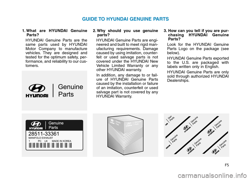 Hyundai Sonata Hybrid 2017  Owners Manual F5
1. What are HYUNDAI Genuine
Parts?
HYUNDAI Genuine Parts are the
same parts used by HYUNDAI
Motor Company to manufacture
vehicles. They are designed and
tested for the optimum safety, per-
formance