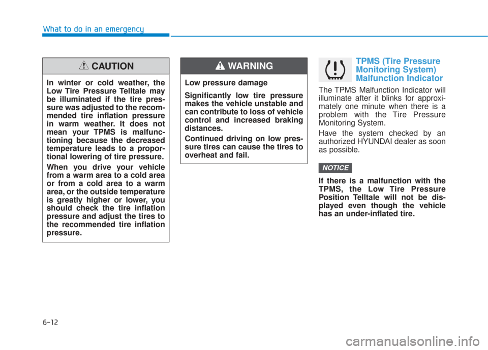 Hyundai Sonata Hybrid 2017  Owners Manual 6-12
What to do in an emergency
TPMS (Tire Pressure
Monitoring System)
Malfunction Indicator
The TPMS Malfunction Indicator will
illuminate after it blinks for approxi-
mately one minute when there is