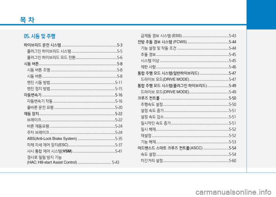 Hyundai Sonata Hybrid 2017  쏘나타 LF HEV/PHEV - 사용 설명서 (in Korean) 목 차
05. 시동  및  주행
하이브리드  운전  시스템  ....................................................... 자-3
플$t그인  하이브리드  /d스템  ..............................