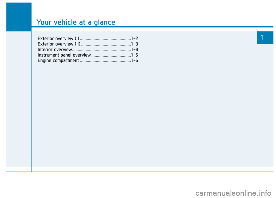Hyundai Sonata Hybrid 2016  Owners Manual Your vehicle at a glance
1
Your vehicle at a glance
1Exterior overview (I) .............................................1-2
Exterior overview (II) ............................................1-3
Inter