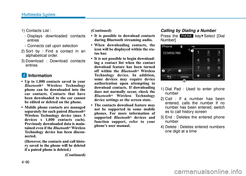 Hyundai Sonata Hybrid 2016 Owners Manual 4-90
Multimedia System
1) Contacts List :- Displays downloaded contactsentries
- Connects call upon selection
2) Sort by : Find a contact in an alphabetical order.
3) Download : Download contacts entr Hyundai Sonata Hybrid 2016 Owners Manual 4-90
Multimedia System
1) Contacts List :- Displays downloaded contactsentries
- Connects call upon selection
2) Sort by : Find a contact in an alphabetical order.
3) Download : Download contacts entr