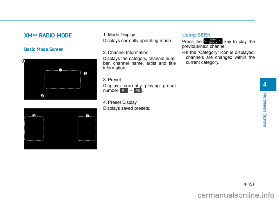 Hyundai Sonata Hybrid 2016  Owners Manual 4-151
Multimedia System
4
X
XM
MT
TM
MR
R A
A D
DI
IO
O  
 M
M O
OD
DE
E
B
Ba
as
si
ic
c  
 M
M o
od
de
e 
 S
S c
cr
re
e e
en
n 1. Mode Display
Displays currently operating mode.
2. Channel Informati