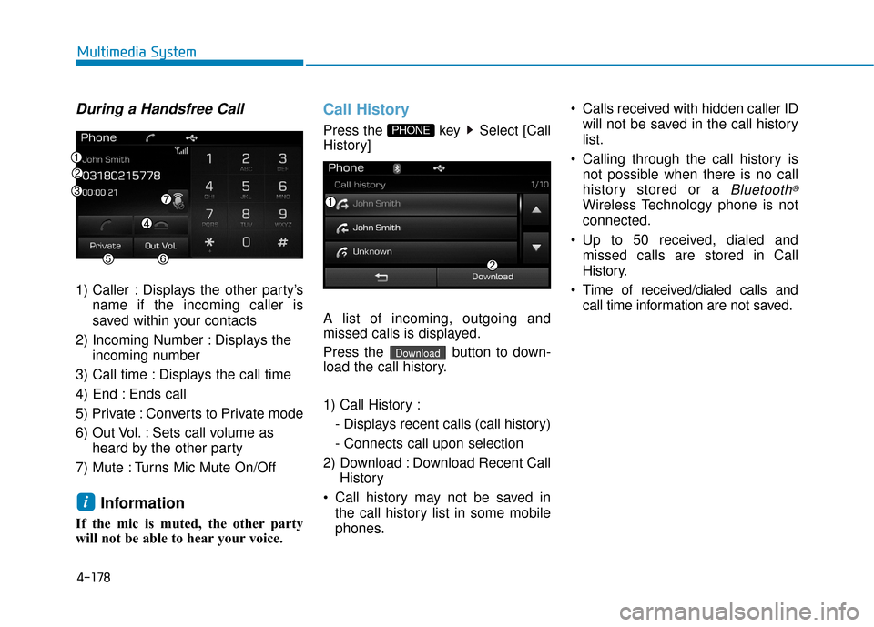 Hyundai Sonata Hybrid 2016 Owners Manual 4-178
Multimedia System
During a Handsfree Call
1) Caller : Displays the other party’sname if the incoming caller is
saved within your contacts
2) Incoming Number : Displays the incoming number
3) Hyundai Sonata Hybrid 2016 Owners Manual 4-178
Multimedia System
During a Handsfree Call
1) Caller : Displays the other party’sname if the incoming caller is
saved within your contacts
2) Incoming Number : Displays the incoming number
3)
