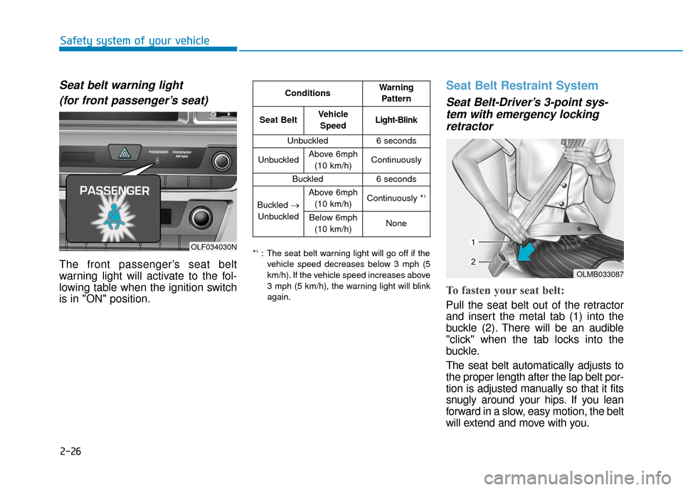 Hyundai Sonata Hybrid 2016 Owners Manual 2-26
Safety system of your vehicle
Seat belt warning light(for front passenger’s seat)
The front passenger’s seat belt
warning light will activate to the fol-
lowing table when the ignition switch Hyundai Sonata Hybrid 2016 Owners Manual 2-26
Safety system of your vehicle
Seat belt warning light(for front passenger’s seat)
The front passenger’s seat belt
warning light will activate to the fol-
lowing table when the ignition switch