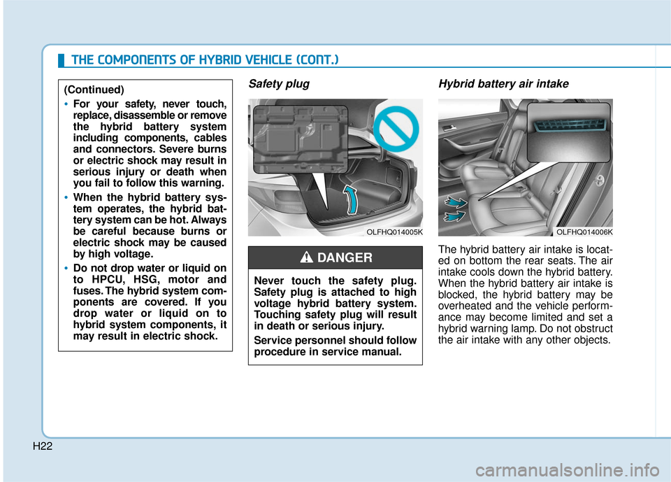 Hyundai Sonata Hybrid 2016  Owners Manual H22
Safety plugHybrid battery air intake   
The hybrid battery air intake is locat-
ed on bottom the rear seats. The air
intake cools down the hybrid battery.
When the hybrid battery air intake is
blo