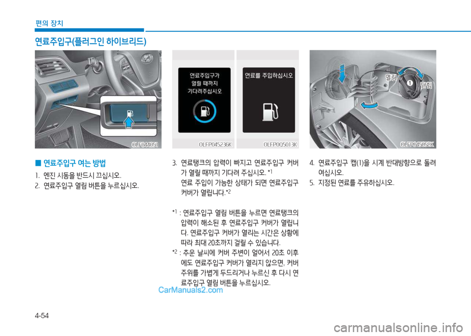 Hyundai Sonata Hybrid 2015  쏘나타 LF HEV/PHEV - 사용 설명서 (in Korean) 4-54
편의 장치
OLFP045052KOLFP045052KOLFP045236K
OLFP045236KOLFP0Q5013KOLFP0Q5013K
 
0  
연료주4
