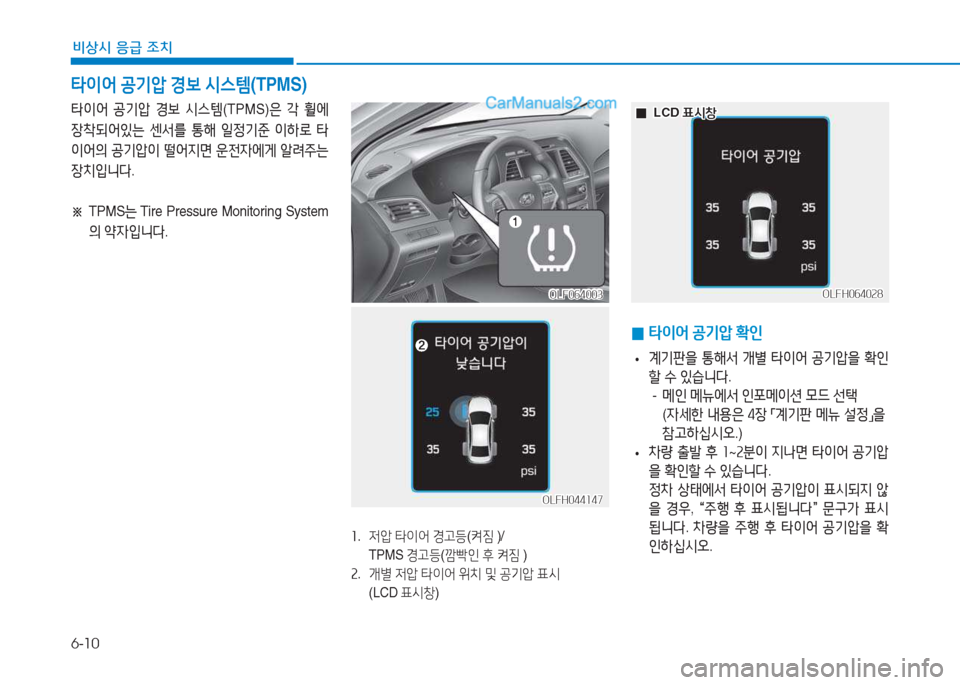 Hyundai Sonata Hybrid 2015  쏘나타 LF HEV/PHEV - 사용 설명서 (in Korean) 6-10
비상시 응급 조치
OLFH044147OLFH044147
좌.  4