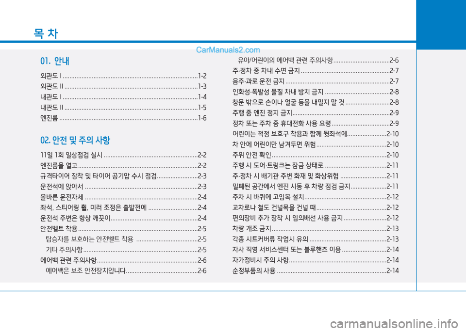 Hyundai Sonata Hybrid 2015  쏘나타 LF HEV/PHEV - 사용 설명서 (in Korean) 목 차
01.  안내
외관도  I ............................................................................... 소-속
외관도  II .................................................................